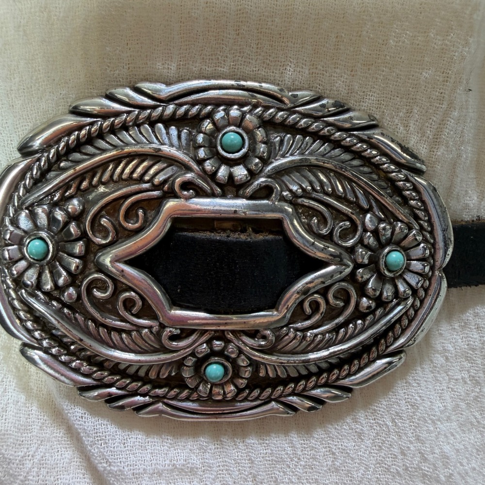 VTG Western Concho Belt Black Leather Silver Tone Turquoise Floral Engraved Slim - Picture 6 of 15